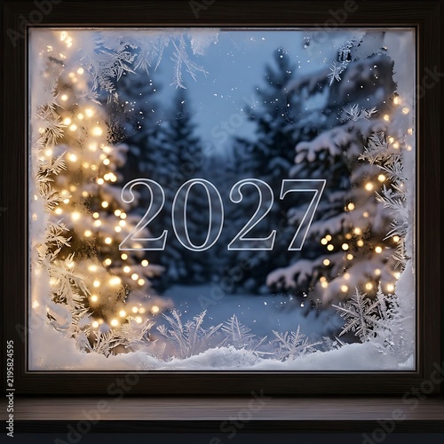 A festive window view looking out onto a snowy winter forest at twilight, with the year 2027 displayed in glowing white text against the frosted glass pane