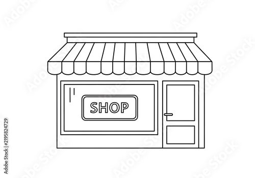 Simple line drawing of a small shop store building with an awning and a door