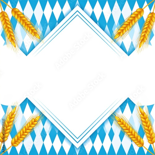 Bavarian Blue White Diamond Pattern with Golden Wheat Stalks Framing Blank Center