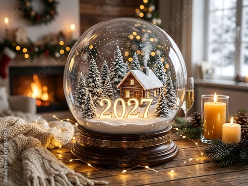 A festive snow globe featuring a cozy log cabin and the year 2027, set on a rustic wooden table with candles and warm holiday decor in the background