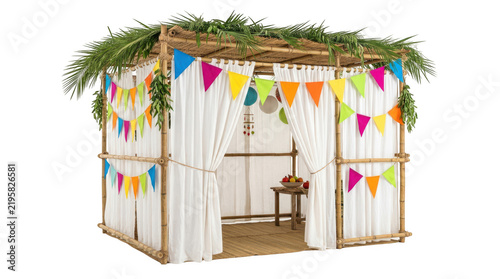 Festive sukkah hut decorated with colorful bunting for the jewish holiday of sukkot isolated on transparent background