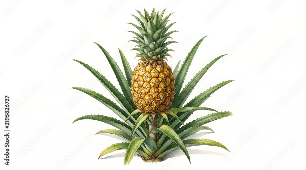 Fototapeta premium Botanical illustration of a ripe pineapple growing on a plant with spiky green leaves, isolated on a white background