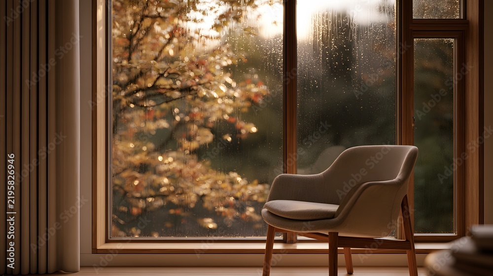 Fototapeta premium Cozy room with an armchair by a rainy window overlooking autumn trees