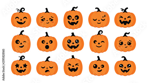 Cute Halloween jack-o-lantern pumpkin clipart set with friendly faces for fall celebrations, kids projects, stickers, crafts and party decor