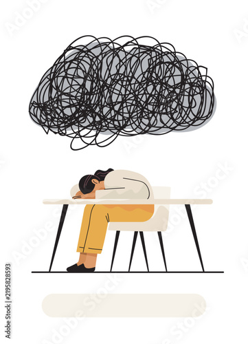 Burnout woman mental health stress concept exhausted female head down at desk dark scribble cloud overhead modern flat style
