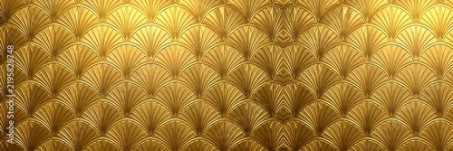 Golden art deco fan pattern wallpaper with repeating geometric scales and metallic texture