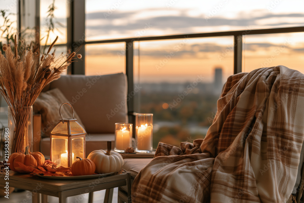 Fototapeta premium Cozy autumn balcony with candles, pumpkins, warm blankets and dried grasses overlooking the city at sunset