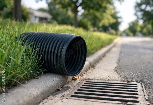Corrugated plastic drain pipe discharges rainwater into a metal storm drain grate beside a paved street curb, green grass, and urban drainage infrastructure.