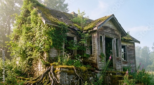Abandoned wooden house overgrown with thick green moss and creeping vines in a tranquil clearing surrounded by trees.