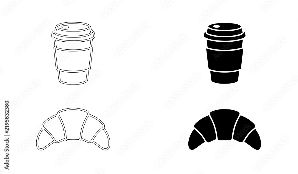 Obraz premium Icon set of disposable coffee cups and croissants in line art and solid black styles with coffee cup coffee icons takeaway cup food icon hot drink