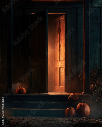 Haunted doorway with glowing orange light for Halloween