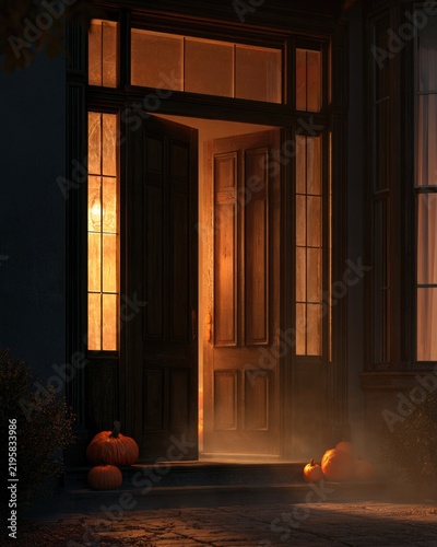 Haunted doorway with glowing orange light for Halloween