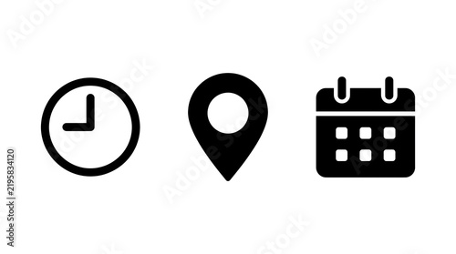 Minimalist black and white clock location pin and calendar date icons