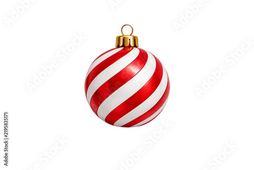 Christmas bauble with red and white spiral stripes and gold cap isolated on transparent background. Festive candy‑cane look, holiday decoration.