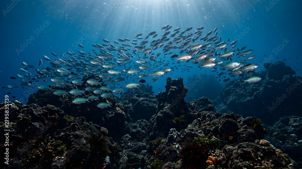Fototapeta premium Large school of silver fish swimming over dark coral reef underwater