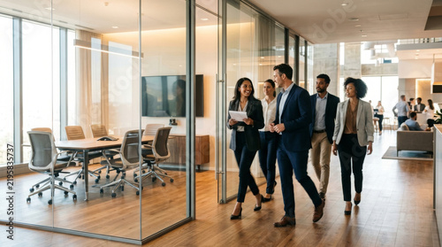 Diverse business team walking into a modern glass conference room for a corporate meeting