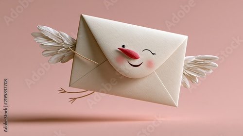 Humorous Christmas photo of a happy flying Christmas card with paper wings, pastel pink wall.