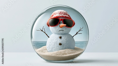 Humorous Christmas photo of a snowman in sunglasses on a beach inside a snow globe, white wall.