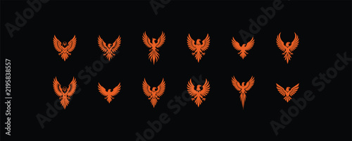 Collection of twelve stylized orange phoenix bird icons isolated on black.