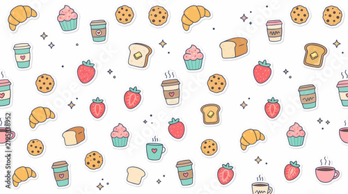 Cute Colorful Food Sticker Pattern – Minimal Bakery and Snack Vector Elements on White Background