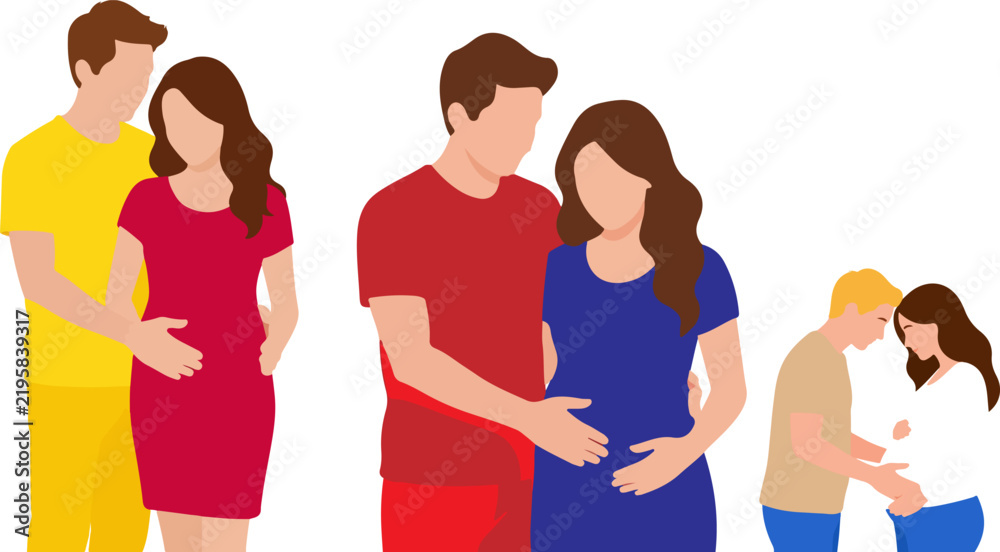 Fototapeta premium Pregnant woman with partner vector set, expecting couple flat illustration, maternity and parenthood concept icons for healthcare and family blog