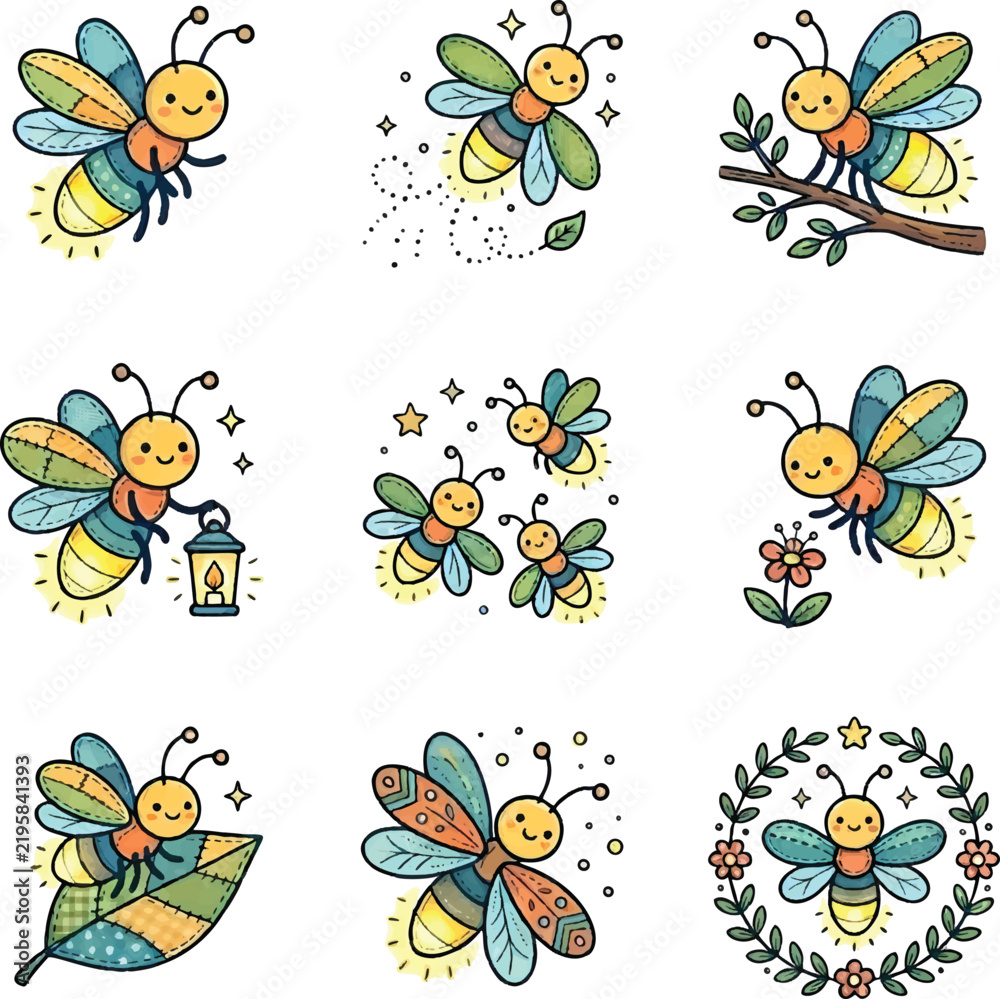 Obraz premium Cute Firefly Icon Set Featuring Glowing Insects And Magical Nighttime Elements With Patchwork Details