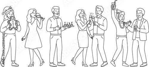 People celebrating at party, black and white outline vector illustration with drinks and canapes for event design