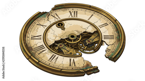 Broken mechanical clock face with visible rusted internal gears and roman numerals isolated for steampunk aesthetic or time passing concept design works.