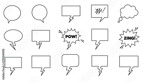 Comic book speech bubbles collection with retro retro design and words like pow and zing on a white background.