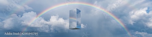 Fototapeta 虹が架かる曇り空に浮かぶ鏡面の巨石