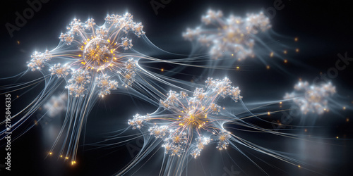 Massive neural network clusters glowing golden fireworks data burst