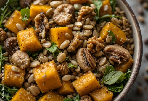 Close-up of a healthy autumn grain bowl, roasted pumpkin cubes, golden mushrooms, whole grains, fresh spinach and arugula, walnuts and pumpkin seeds, detailed ingredient textures.