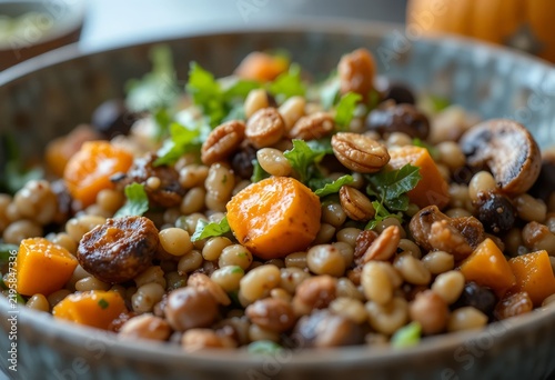 Macro shot of an autumn grain bowl with tender whole grains, caramelized roasted pumpkin, juicy sautéed mushrooms, crisp leafy greens and crunchy toasted nuts.
