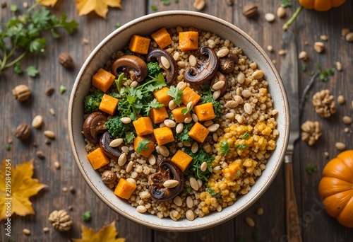 Overhead food photography of an autumn grain bowl, quinoa and wild rice topped with roasted pumpkin, sautéed mushrooms, kale, arugula, walnuts and pumpkin seeds, rustic wooden background.