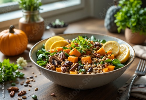 Healthy autumn grain bowl with farro, roasted butternut squash, forest mushrooms, spinach, arugula, pecans and pumpkin seeds, fresh herbs and lemon wedges, bright natural window lighting.