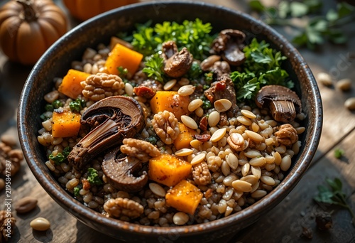 Cozy seasonal grain bowl featuring brown rice, roasted pumpkin, wild mushrooms, kale, fresh parsley, toasted walnuts and sunflower seeds, warm earthy color palette, rustic dark ceramic bowl.