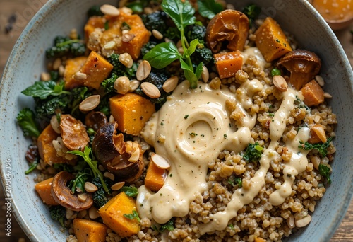 Vegan autumn grain bowl with quinoa, roasted pumpkin, crispy mushrooms, kale, baby spinach, toasted almonds, pumpkin seeds and fresh herbs, creamy tahini dressing drizzled over the top.