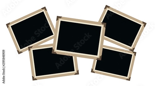 Five blank vintage photo frames with corner mounts, isolated on white background