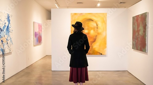 A woman wearing a black hat and coat stands in a bright art gallery, viewing a large yellow abstract painting on the wall