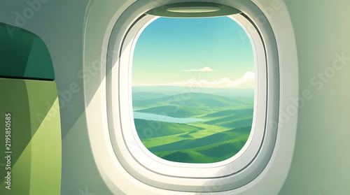 A beautiful view of green rolling hills and a river from an airplane window.