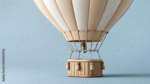 Classic striped hot air balloon toy floating on a serene blue backdrop, symbolizing adventure.