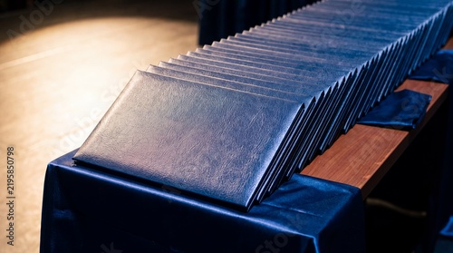 Graduation diplomas table ceremony certificates school education achievement organized blue. Multiple blue diploma cases are arranged in neat rows on a ceremonial table for graduation campaigns