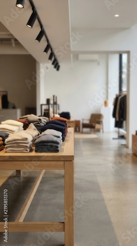 Folded Knitwear on Wooden Tables in a Minimalist Showroom