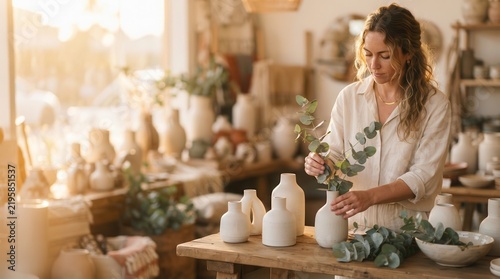 Arranging Eucalyptus Stems in Minimalist Ceramic Vases in Studio