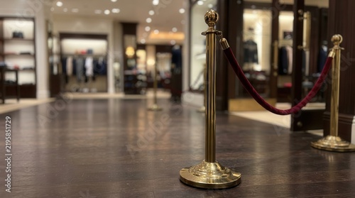 Brass Stanchion with Crimson Velvet Rope in a Luxury Boutique