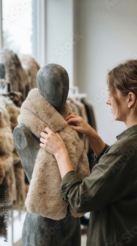 Stylist Adjusting a Faux Fur Scarf on a Mannequin in an Atelier