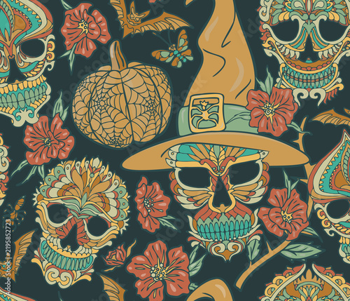 Halloween and Day of the Dead seamless pattern with decorated sugar skulls, pumpkin, bats, and flowers. Hand-drawn vintage gothic illustration for textile, wallpaper, and wrapping paper.
