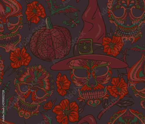 Halloween seamless pattern with ornate sugar skulls wearing witch hat, pumpkins with spiderwebs, bats, and flowers. Gothic hand drawn illustration for holiday wallpaper and textile design.