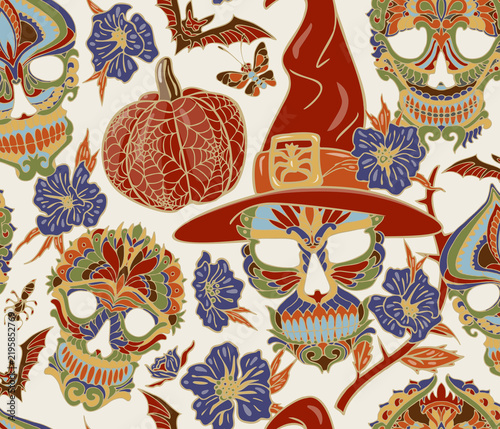 Halloween seamless pattern with decorative skulls, witch hat, pumpkins, flowers, bats and butterflies in vibrant colors,  illustration for seasonal design.  Perfect for Halloween party decorations.