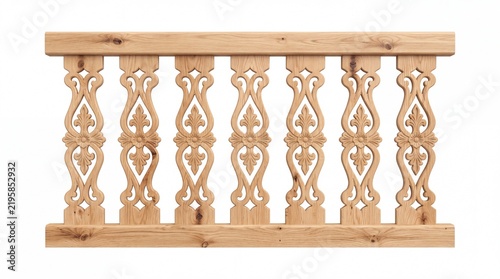 Ornate wooden railing featuring intricate floral carvings and decorative patterns isolated on white background